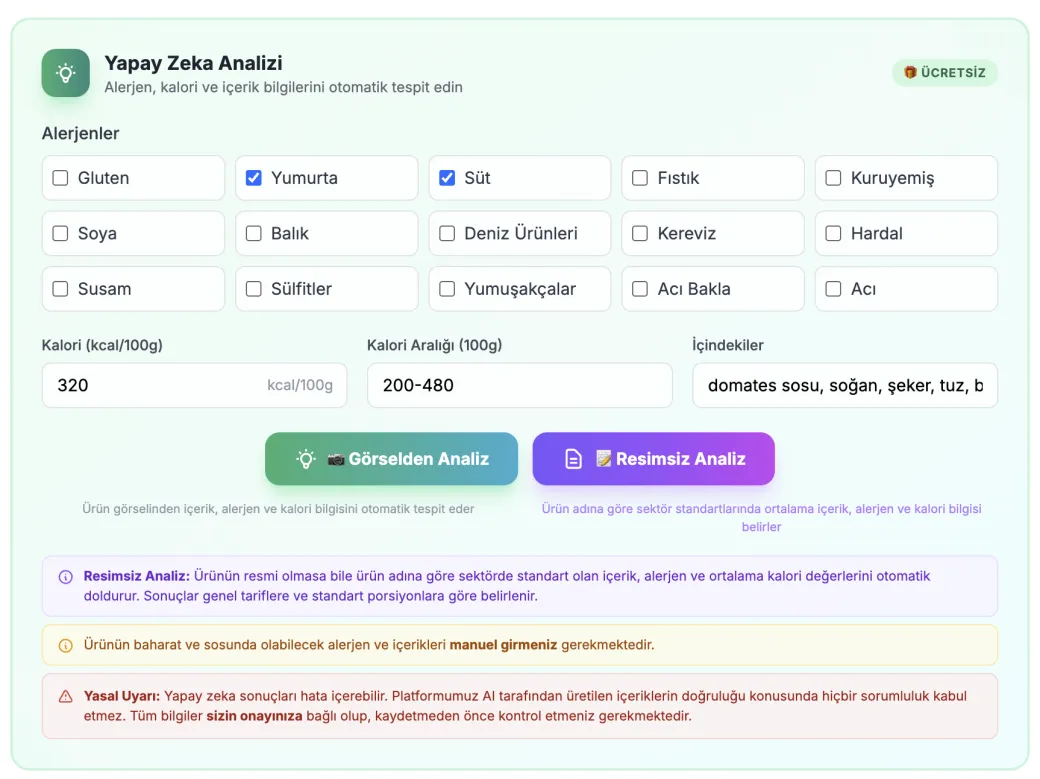 Yapay Zeka Kalori Hesaplama — ProMenu panel ekran görüntüsü